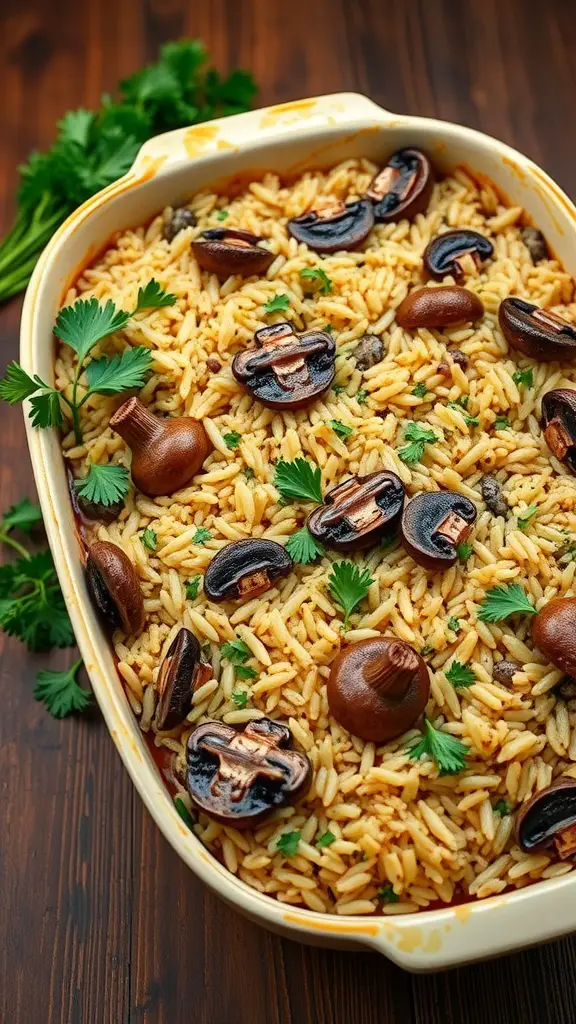 A delicious mushroom and wild rice casserole topped with parsley in a baking dish.