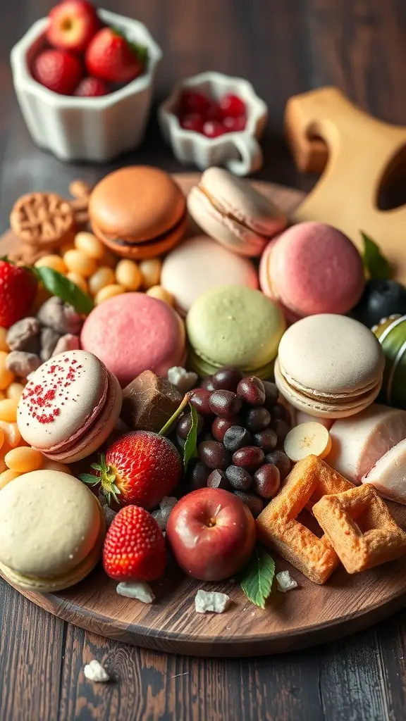 A beautifully arranged dessert charcuterie board featuring colorful macarons, fresh fruits, and chocolates.