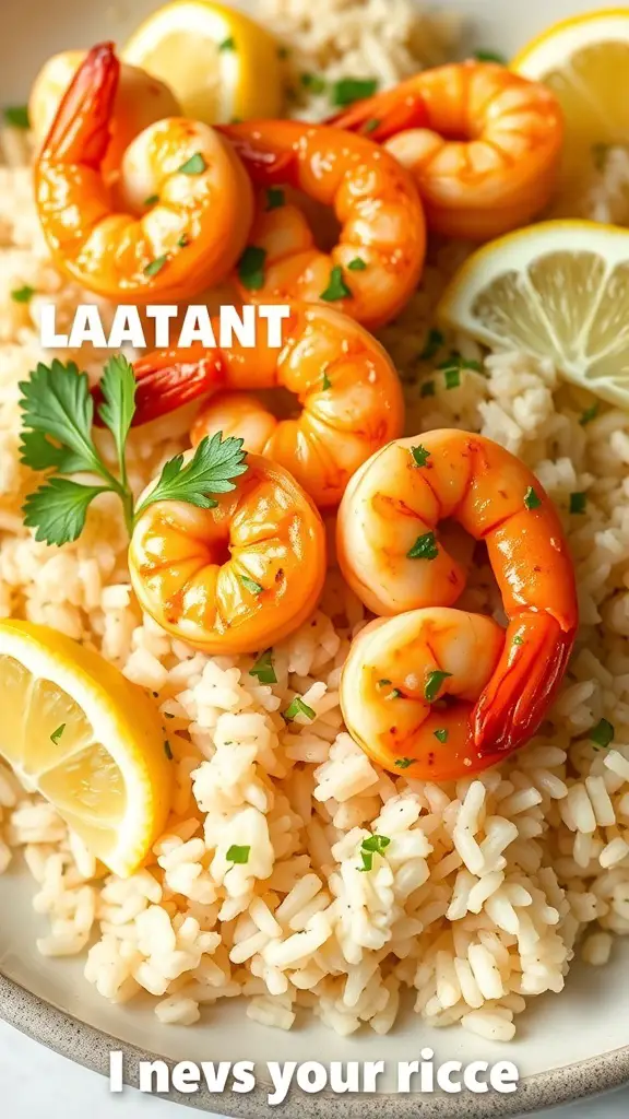 Garlic butter shrimp served on rice with lemon slices and parsley