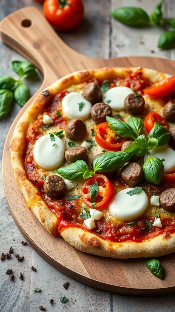 A delicious Italian sausage pizza topped with fresh basil, mozzarella, and cherry tomatoes on a wooden pizza board.