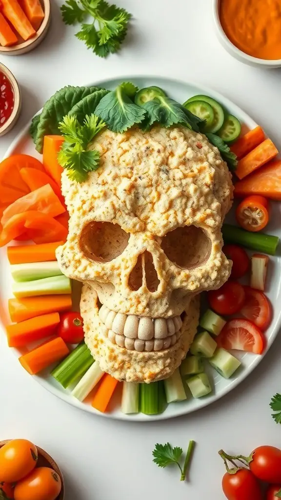 A creative vegetable platter shaped like a skull, featuring a dip base and surrounded by colorful vegetables.