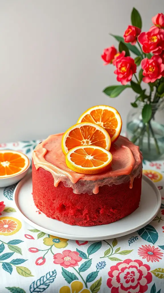A vibrant red citrus cake topped with orange slices, placed on a floral tablecloth.
