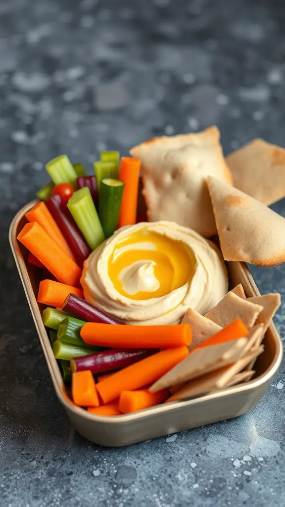 A bento box filled with hummus, veggie sticks, and pita bread.