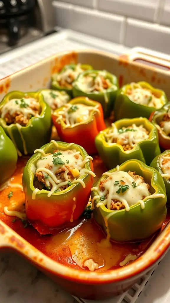 A baking dish filled with colorful stuffed bell peppers topped with melted cheese.