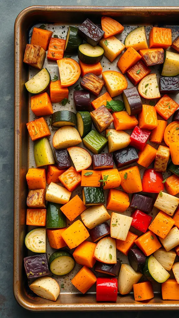 A colorful assortment of roasted vegetables on a baking sheet, including carrots, zucchini, and bell peppers.