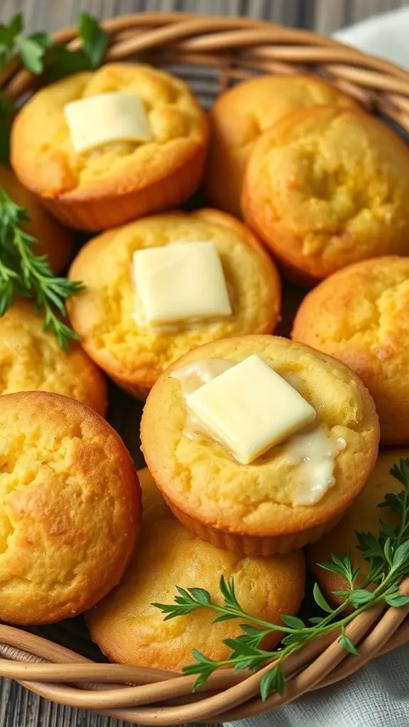 A basket of freshly baked cornbread muffins topped with butter.