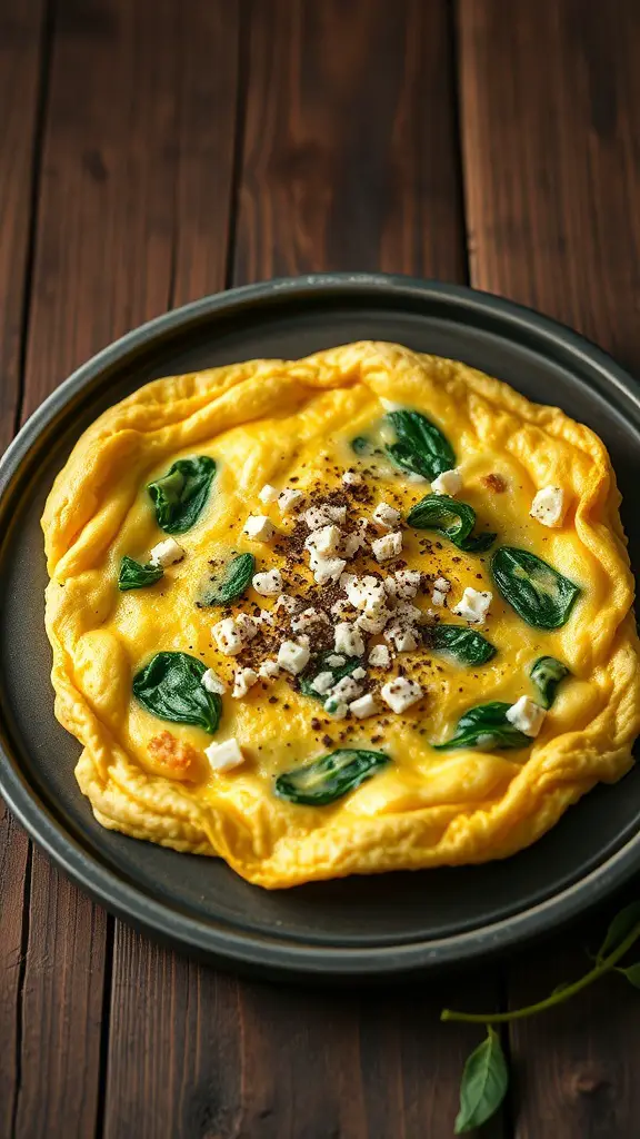 A delicious spinach and feta omelette on a plate, garnished with black pepper.