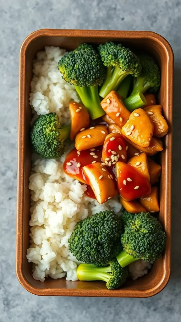 Bento box with teriyaki chicken, steamed broccoli, and white rice.