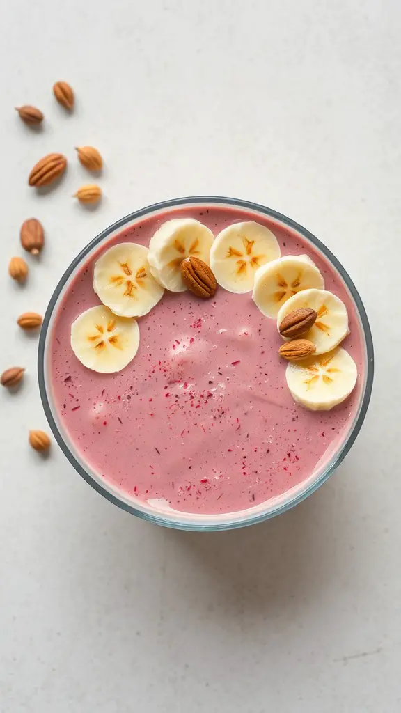 A smoothie bowl topped with banana slices and nuts, showcasing a creamy spinach and banana blend.