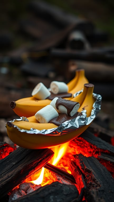 Campfire banana boats with chocolate and marshmallows roasting over a fire