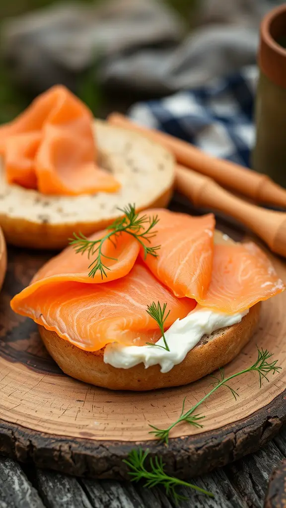 Smoked salmon and cream cheese bagels on a wooden platter with fresh herbs.