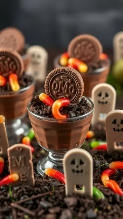 Graveyard dirt cups with chocolate pudding, crushed cookies, gummy worms, and candy tombstones