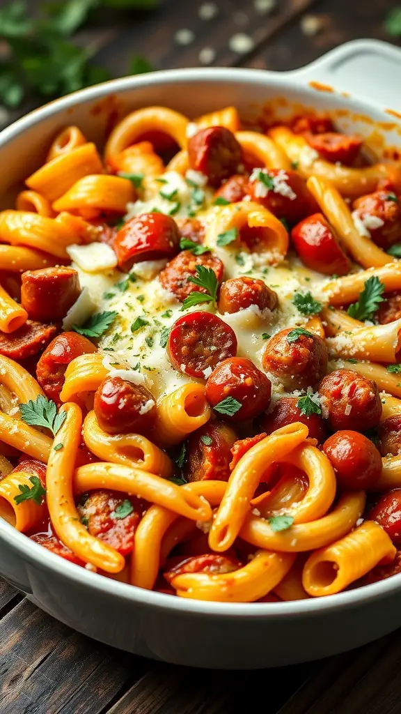 A delicious Spicy Italian Sausage Pasta Bake with pasta, sausage, and melted cheese.