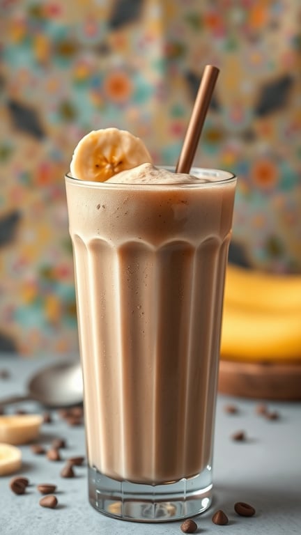 A tall glass of frozen coffee smoothie with banana, topped with a banana slice, against a colorful background.