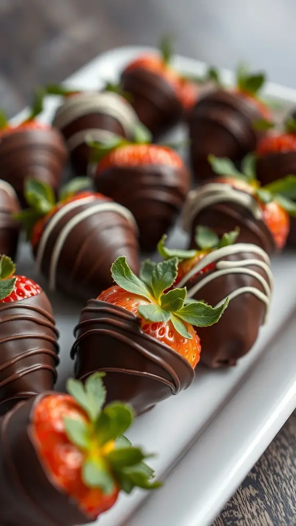 A platter of chocolate-covered strawberries with drizzled white chocolate.