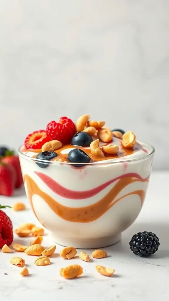 A delicious Peanut Butter and Jelly Yogurt Bowl topped with fresh fruits and peanuts.