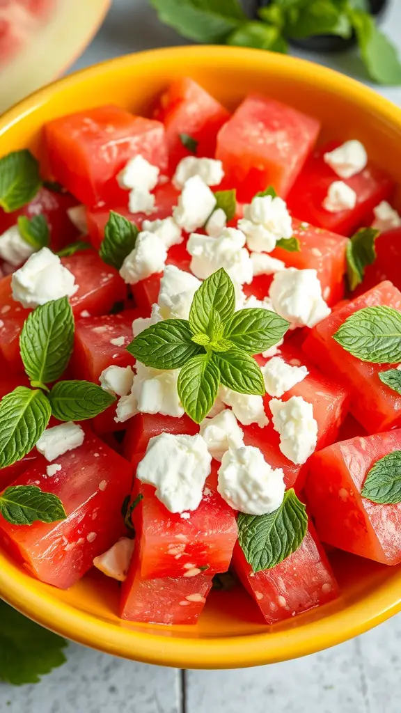 A bowl of watermelon salad with feta cheese and mint leaves.