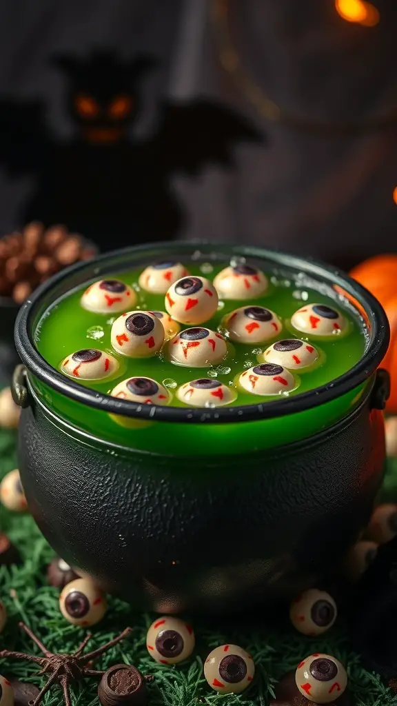 A cauldron filled with green punch and eyeball candies for Halloween.