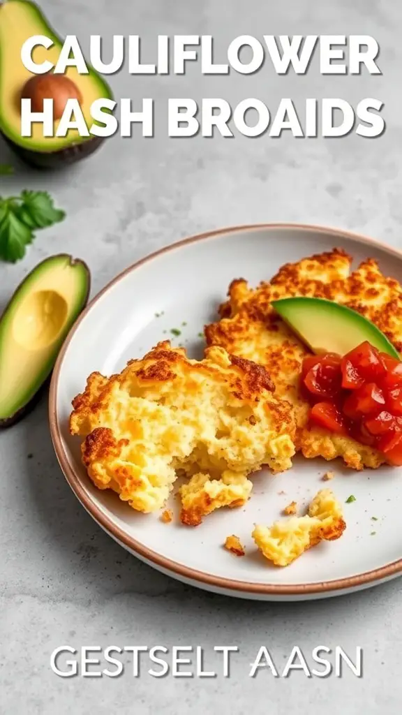 Cauliflower hash browns served with avocado and tomato salsa on a plate.