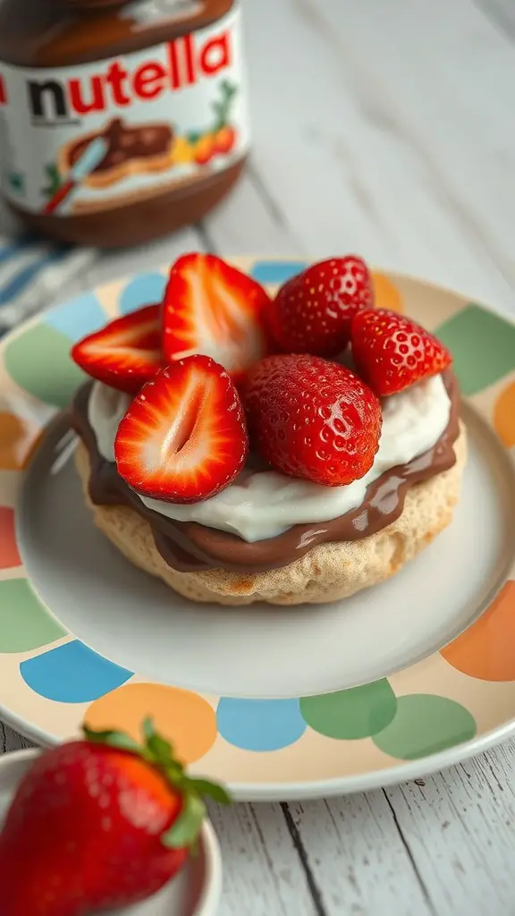 An English muffin topped with Nutella and fresh strawberries, served on a colorful plate.