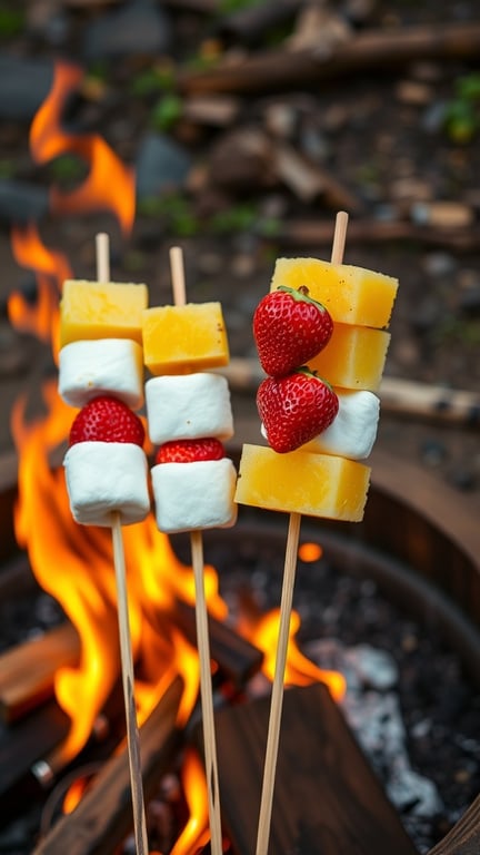 Colorful fruit skewers with strawberries, mango, and marshmallows roasting over a campfire.