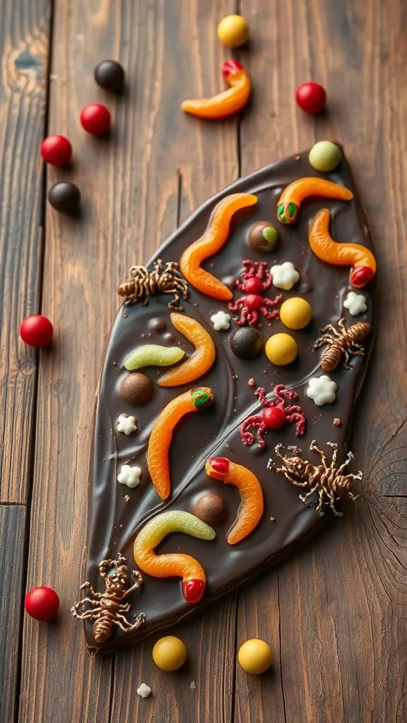 A spooky chocolate bark decorated with gummy worms, candy spiders, and colorful candies on a wooden surface.