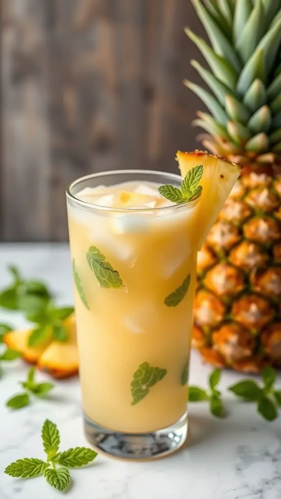 A refreshing glass of Pineapple Mint Refresher with mint leaves and a slice of pineapple.