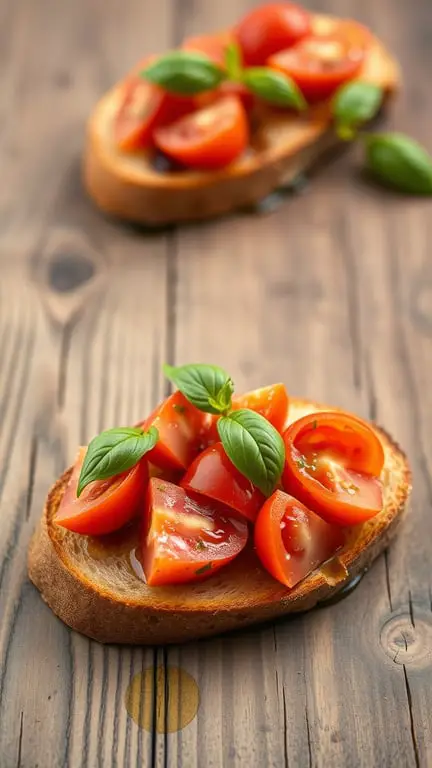A slice of bruschetta topped with diced tomatoes and fresh basil on a wooden table.