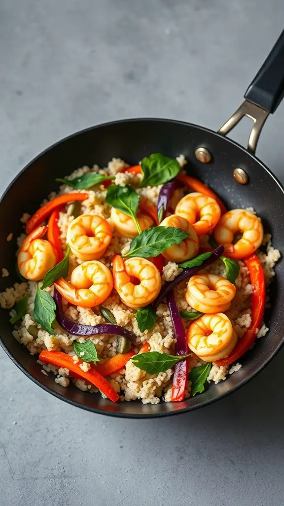A skillet filled with cauliflower rice stir-fry featuring shrimp, bell peppers, and basil.