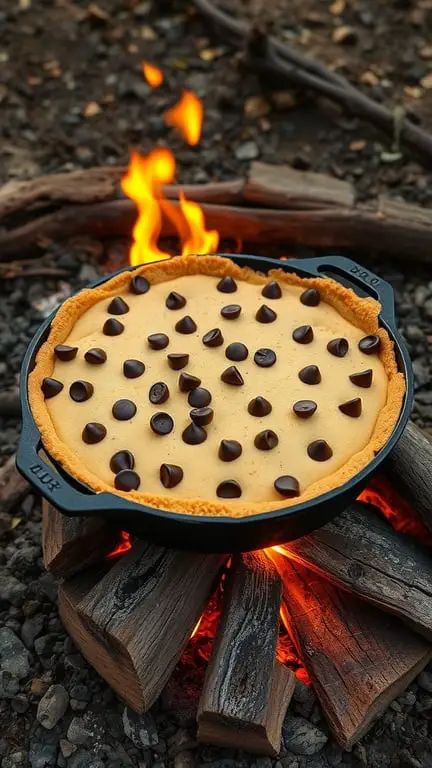 A chocolate chip cookie pie baking over a campfire in a cast iron skillet.