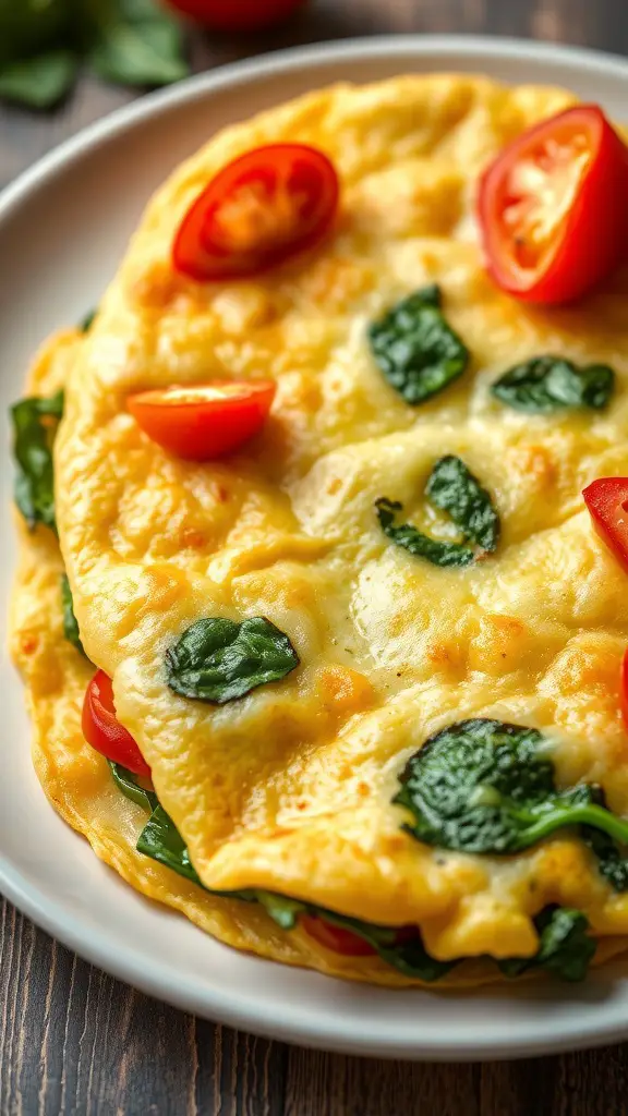 A savory vegetable omelette with spinach and cherry tomatoes on a plate.