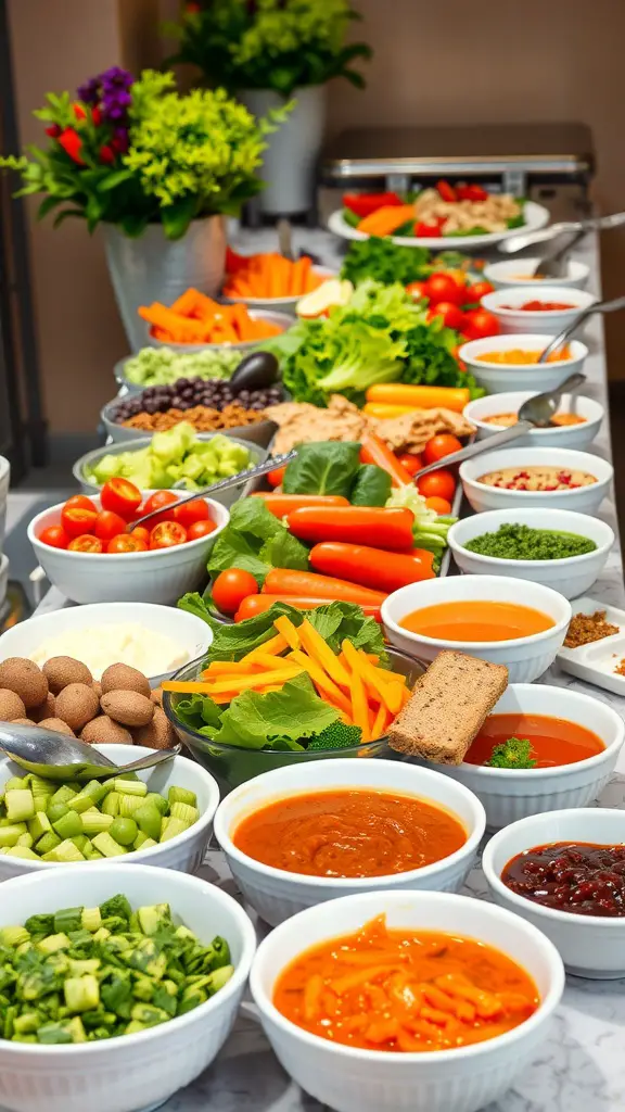 A vibrant salad station with various fresh vegetables, toppings, and dressings.