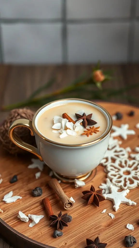 A cup of Coconut Chai Latte topped with coconut flakes and star anise, surrounded by cinnamon sticks and decorative snowflake shapes.