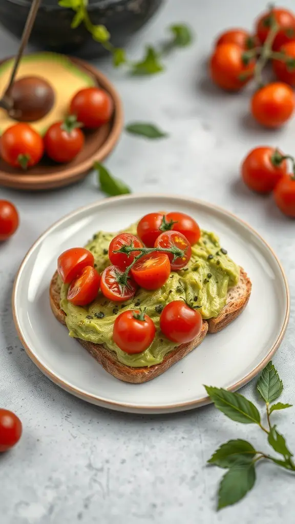 A plate of avocado toast topped with cherry tomatoes, surrounded by fresh tomatoes and an avocado.