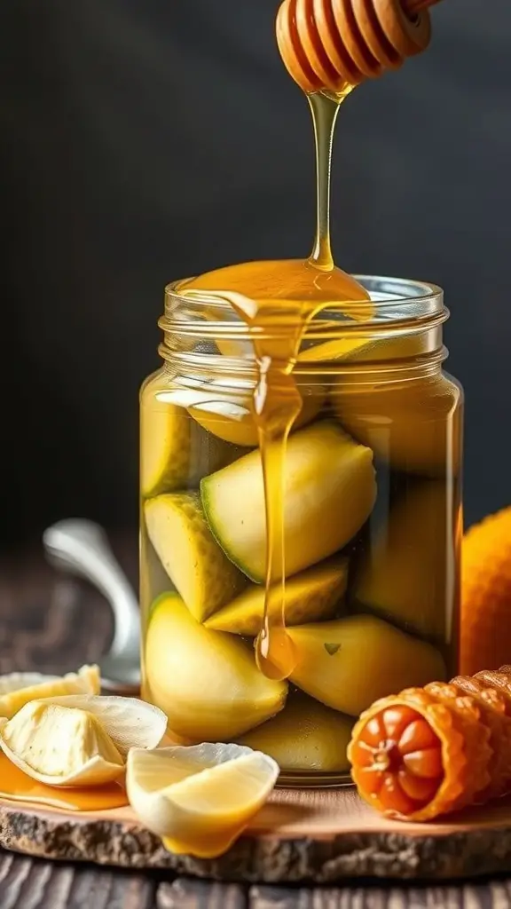 A jar of honey garlic pickles with honey drizzling over it.