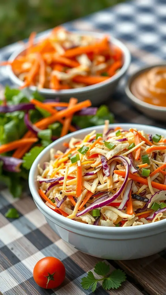 A bowl of colorful coleslaw with shredded cabbage and carrots, garnished with green onions.