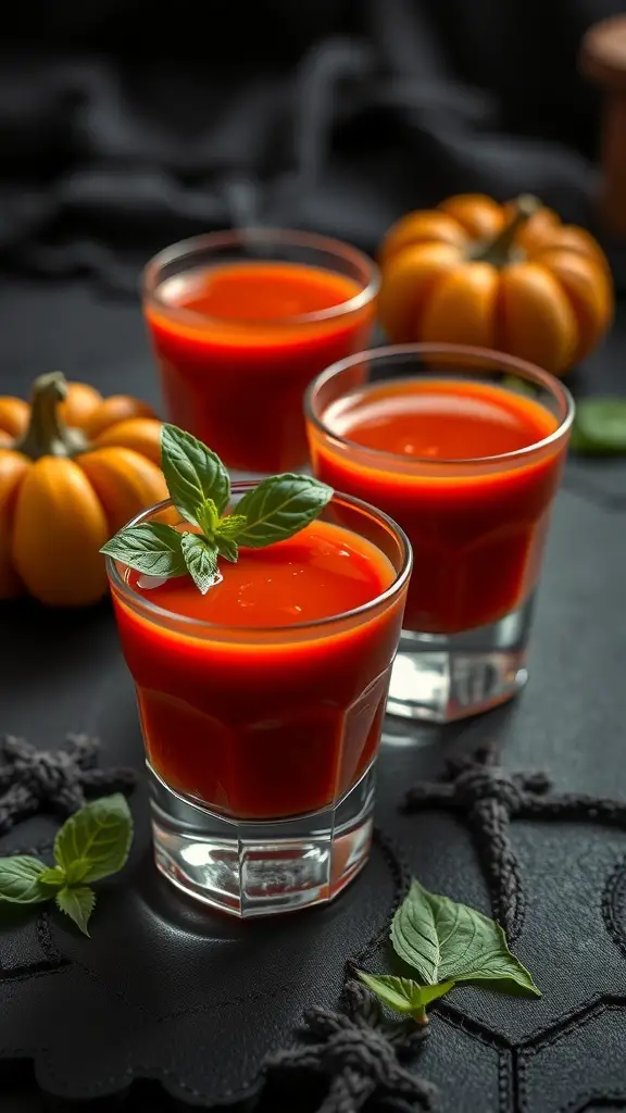 Three glasses of tomato soup shots garnished with basil leaves, surrounded by small pumpkins and black decor.
