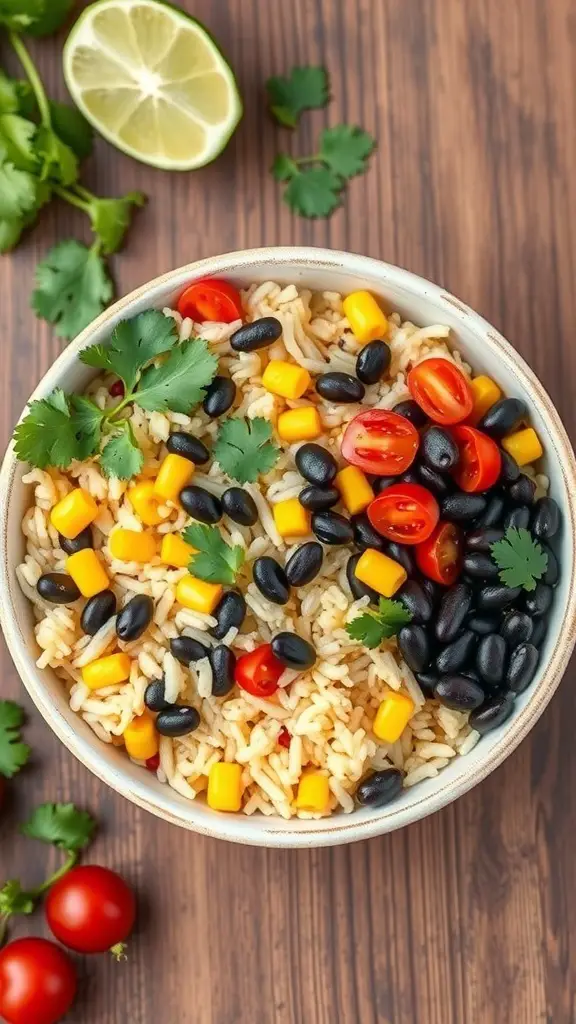 A bowl of cilantro lime rice topped with black beans, corn, cherry tomatoes, and cilantro, with lime wedges on the side.