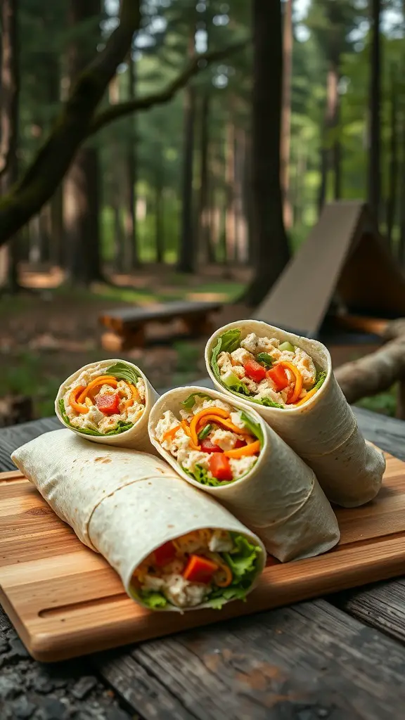 Three Chicken Caesar wraps on a wooden board in a forest setting