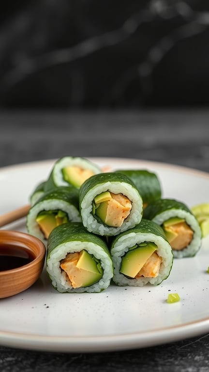 Cucumber and avocado sushi rolls arranged on a plate with soy sauce