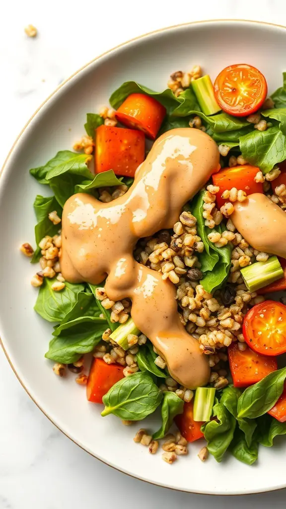A vibrant salad topped with creamy maple tahini dressing, featuring greens, tomatoes, and grains.