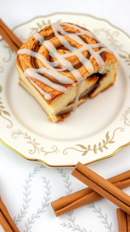 A slice of cinnamon roll cake drizzled with icing on a decorative plate, surrounded by cinnamon sticks.