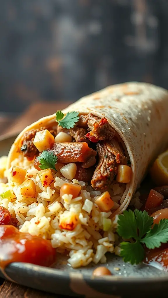 A delicious carnitas burrito with cilantro rice on a plate, garnished with fresh herbs.