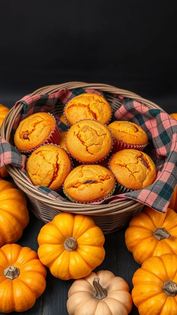 A basket of freshly baked butternut squash muffins surrounded by small pumpkins.