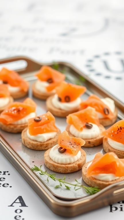 A tray of Boursin cheese and smoked salmon canapés, featuring crackers topped with creamy cheese and slices of salmon.