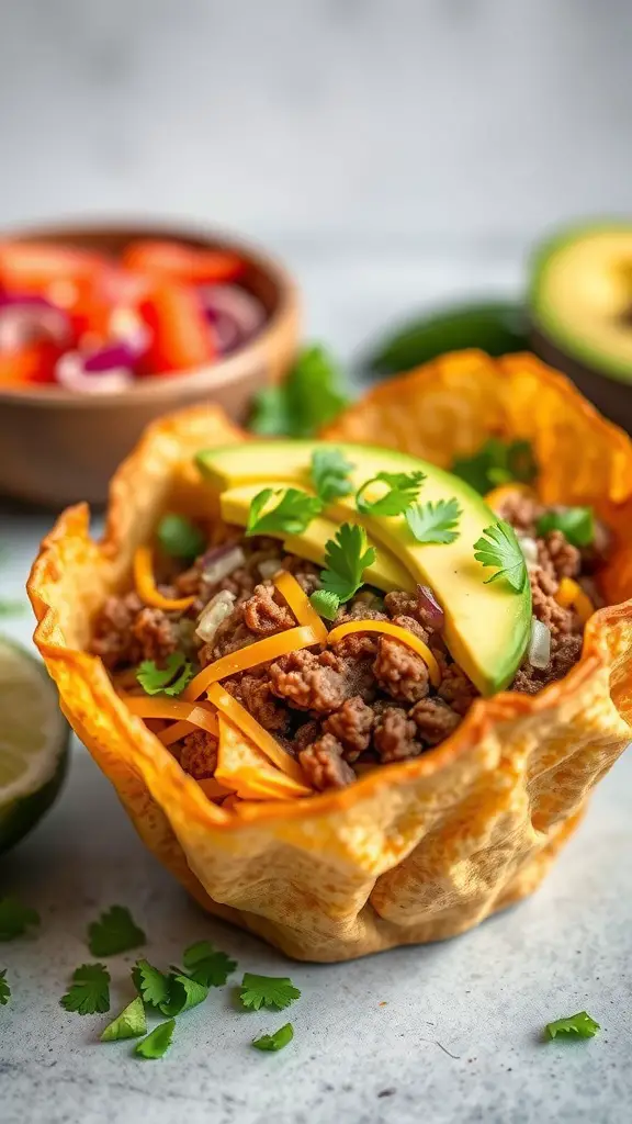 A delicious Keto Taco Salad in a crispy bowl, filled with ground beef, cheese, and avocado, garnished with cilantro.