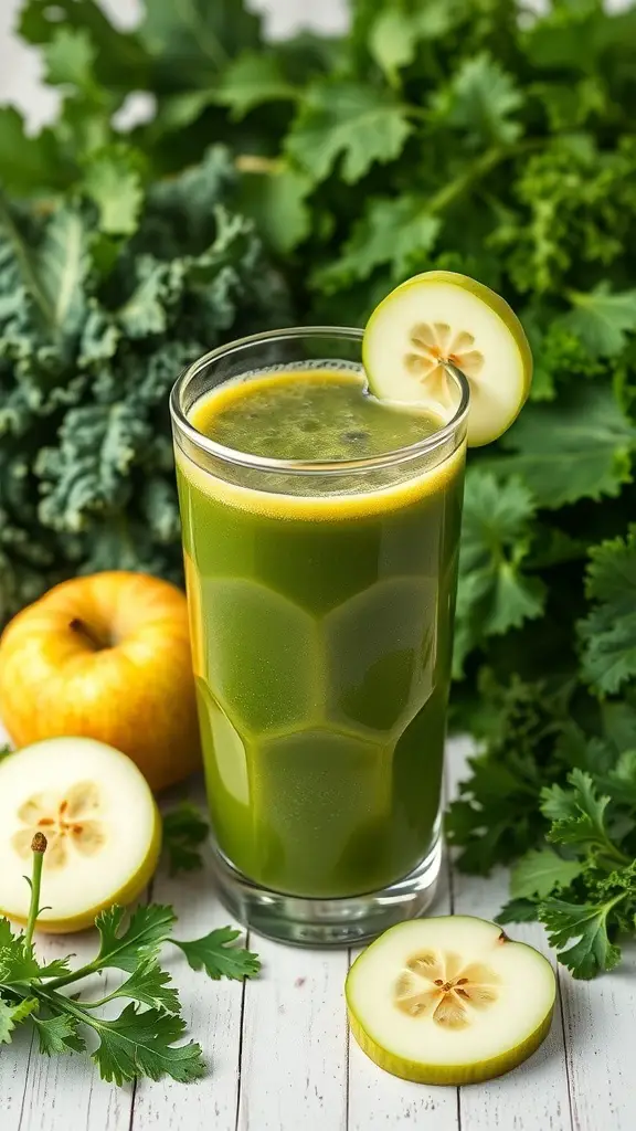 A glass of green detox juice surrounded by kale, cilantro, and green apples.