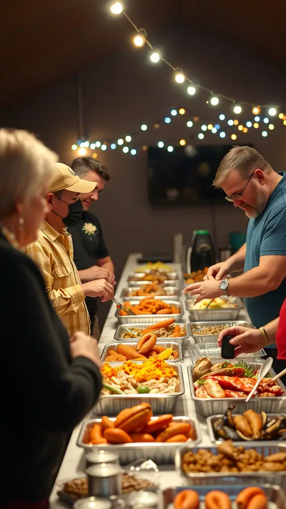 A seafood boil party with guests enjoying a variety of seafood dishes and festive decorations.
