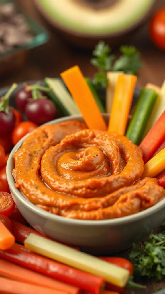 A bowl of roasted red pepper hummus surrounded by colorful vegetable sticks.