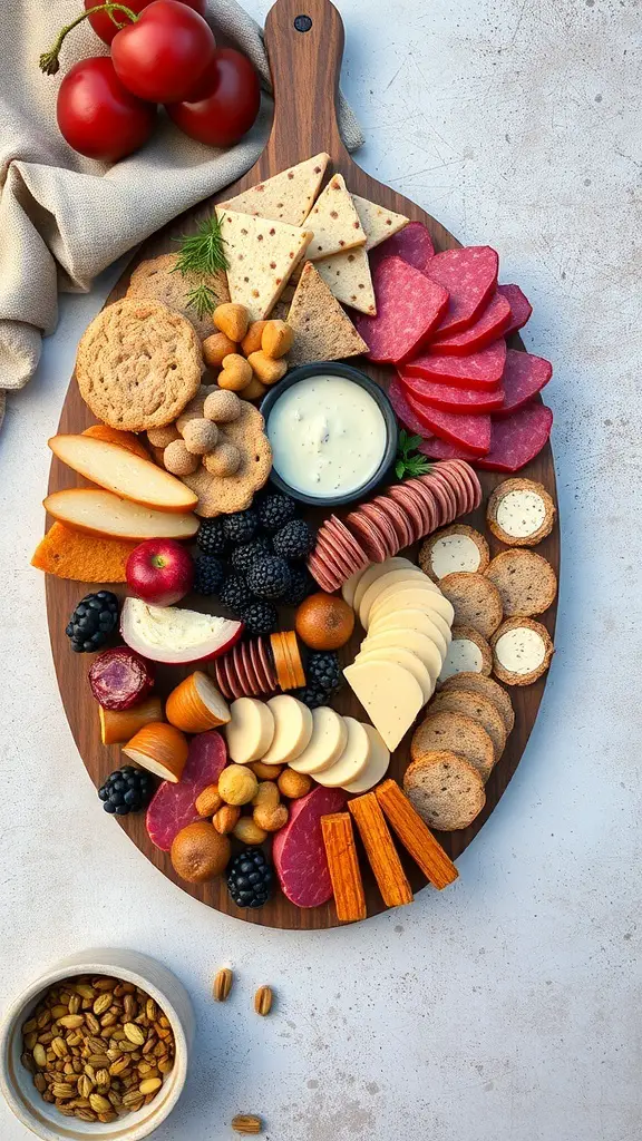 A beautifully arranged fall charcuterie board with various cheeses, meats, fruits, and nuts.